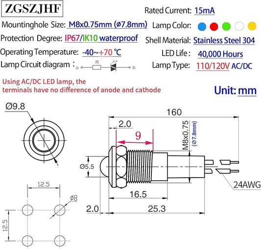 ZGSZJHF 8mm Indicator Light 0.31" Waterproof IP67 Metal Stainless Steel Signal Lamp 110V-120V AC/DC LED Pilot Dash Lamp Light Ring Large Red and Green 2Pcs