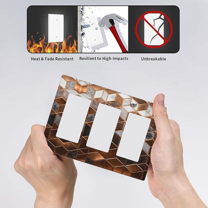 Bvtewkhz Brown Abstract Luxury Modern Geometric Cubic Marble 3 Gang Triple Rocker Decorative Light Switch Covers Electrical Faceplate Switch Plates for Bathroom Kitchen Home