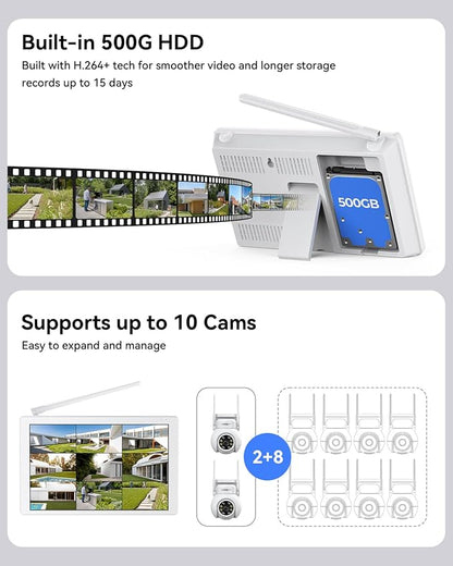 VORGUT Wireless Security Camera System with 10" LCD Monitor, 2PCS 3MP PTZ Outdoor Camera for Home Surveillance, 10CH NVR with 500G HDD,Auto Tracking,Human Detection,Color Night Vision,No Monthly Fee