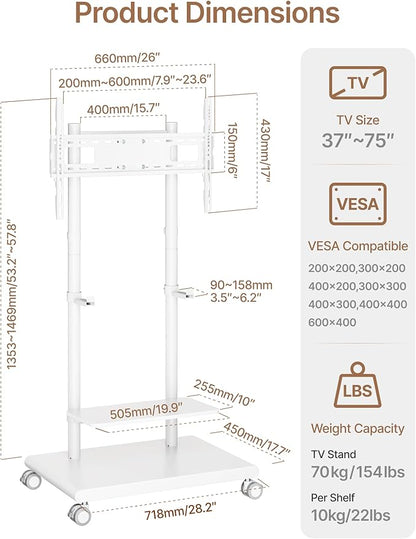 ECOTINY Steel Base Rolling TV Stand with Soundbar Mount for 37-75 inch TVs up to 154lbs, Swivel&Tilt Mobile TV Stand with Large Storage, Height Adjustable Heavy-Duty TV Cart, Max VESA 600x400mm, White