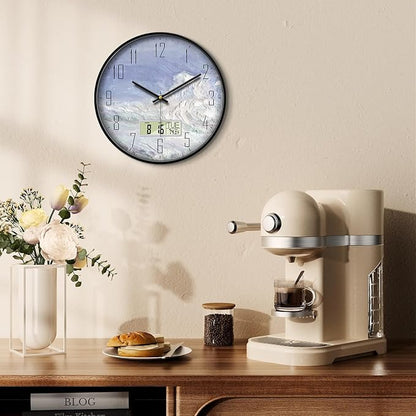 SCOAGE Digital Wall Clock Battery Operated with Day and Date Temperature Blue White Wave Calendar Clock with Large Display Silent for Room Bathroom Bedroom Living Room Farmhouse Decor 14 Inch