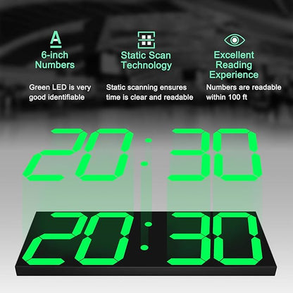 CHKOSDA LED Large Digital Wall Clock, Oversize Wall Clock with 6” Numbers, Remote Control Count up/Countdown Timer Clock, Auto Dimmer, Big Calendar and Thermometer(Green)