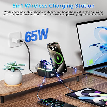 Qi2 Wireless Charger 8in1 Magnetic Wireless Charger Fast Charging Station for iPhone, 65W Fast Foldable Charger with LED Clock, USB-C/A Ports, Multi-Device Charging, Travel charged, MagSafe Compatible
