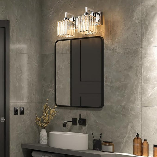 FDPBY Modern Bathroom Vanity Light 2-Lights Chrome Crystal Wall Lamp Bathroom Modern Crystal Vanity Lighting
