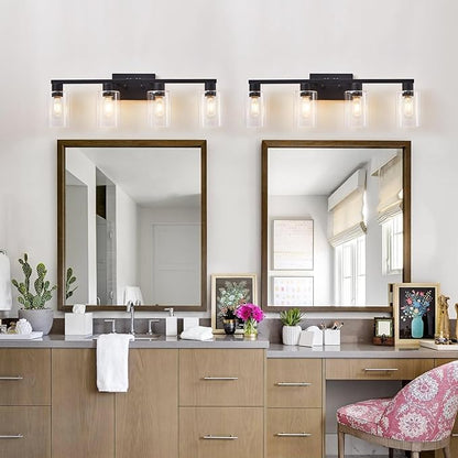 SOPEAS 4 Light Bathroom Vanity Light Fixtures, Black Farmhouse Bathroom Vanity Light with Clear Glass Shade, Bathroom Lighting Fixtures Over Mirror, Vanity Lights for Bathroom Mirror