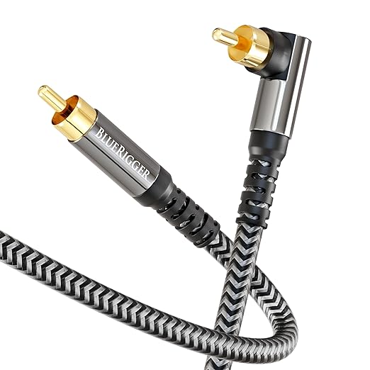 BlueRigger Subwoofer Cable 90D (10FT, RCA Audio, Dual Shielded, Gold Plated, Right Angled Male RCA Connectors) – Compatible with Subwoofer, Amplifier, Home Theater