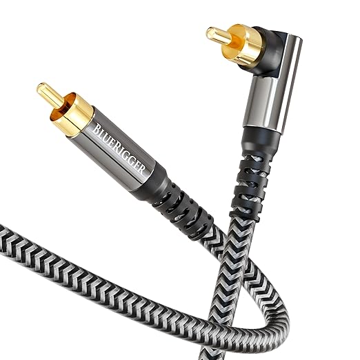BlueRigger Subwoofer Cable 90D (15FT, RCA Audio, Dual Shielded, Gold Plated, Right Angled Male RCA Connectors) – Compatible with Subwoofer, Amplifier, Home Theater