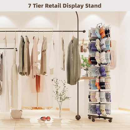 YEOOE Retail Display Racks 7 Tier Spinning Display Stand, Movable Shop Spinner Rack with Hooks, Retail Display Stand for Jewelry Keyring Hats Socks Toys (Black)