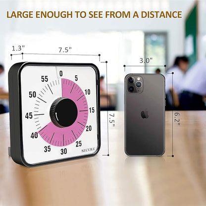 Secura 60-Minute Visual Countdown Timer, 7.5-Inch Oversize Classroom Visual Timer for Kids and Adults, Durable Mechanical Kitchen Timer Clock with Magnetic Backing (Peony Color)