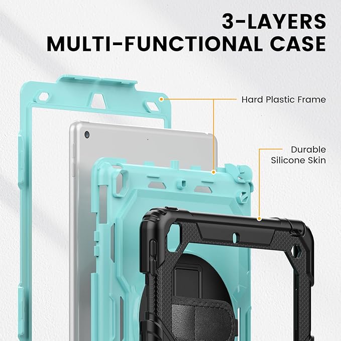 Timecity Case for iPad 9th/ 8th/ 7th Generation 10.2 inch - Heavy Duty Protective Cover with Screen Protector, Rotating Stand, Shoulder Strap & Pencil Holder | Kids-Friendly (Blue)