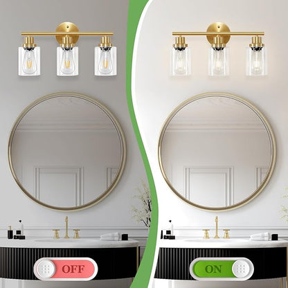Guliaofo 3-Light Brushed Gold Vanity Lights, E26 Modern Bathroom Light Fixtures with Clear Glass Shade, Wall Lamps for Mirror Kitchen Hallway Cabinet Living Room Sconces Lights