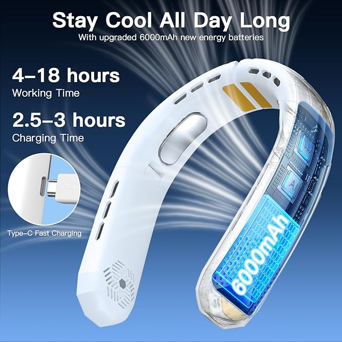 WXX Portable Neck Fan, 6000mAh Battery Neck Fan Rechargeable, 360° Cooling Personal Fan, 3 Speeds Foldable Quiet Wearable Fan for Travel Outdoor Indoor, Birthday Gifts for Men Women-White&Yellow