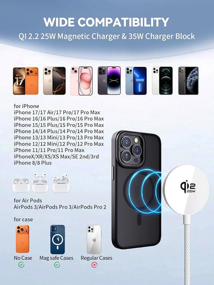 Qi2.2 25W Mag Safe Charger,10FT iPhone 17 Magnetic Wireless Fast Charger Wireless Mag Safe Fast Charging Pad with 35W USB C Power Adapter for iPhone Air 17 16 15 14 13 12 Pro Max Plus,AirPods Pro 2/3