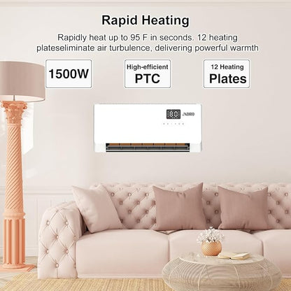 24-Inch Wall Mounted Electric Heater - 1500W Indoor Space Heater with LED Display, 3 Heat Settings, Oscillating Fan, Electric Heater for Bedroom Office Bathroom