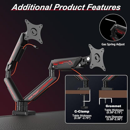 Fydeamer Dual Monitor Arm for 17-35" Screens up to 24.2 lbs, Ergonomic Gas Spring Monitor Stand with Height Adjust, Tilt, Swivel & Cable Management, VESA Desk Mount with 2 Types of Installation, Black