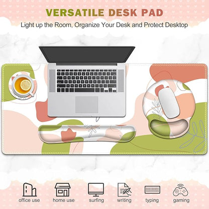 Gaming Mouse Pad, Large Desk Mat, Cute Desk Pad Protector, 4 in1 XXL Mousepad + Keyboard Wrist Rest+Mouse Wrist Rest+Coaster Set with Ergonomic Desk Pad for Home Office Table Computer Pink Rose