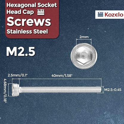 Kozelo 20pcs Socket Head Cap Screws - [M2.5-0.45 x 40mm] 304 Stainless Steel Allen Socket Drive for Electrical Motor 3D Printing Fan Engine Replacement Use, Silver