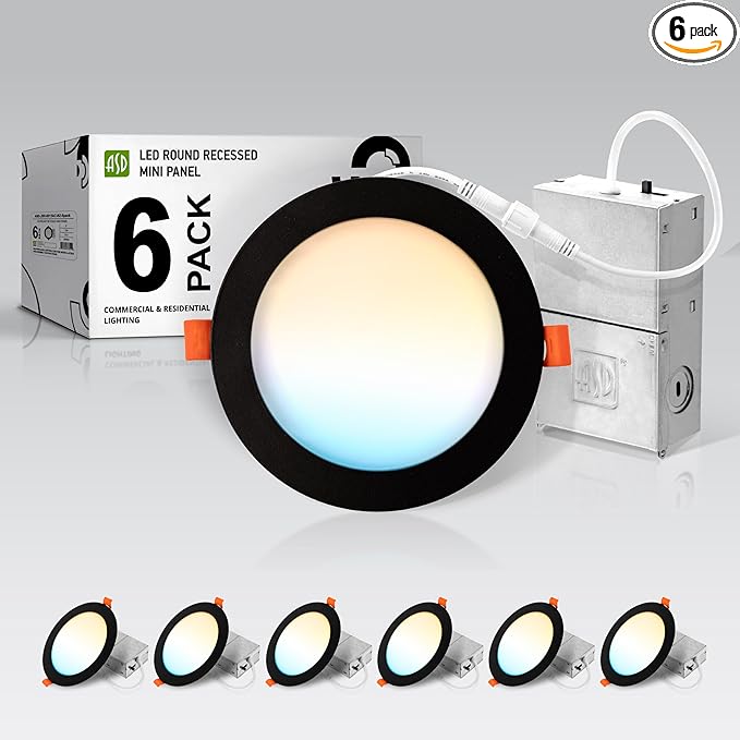 ASD 6 Pack LED Recessed Lighting 6 Inch 15W, 5 CCT 2700K-5000K CRI90+, IC Rated Ultra Thin Dimmable Ceiling Lights with J Box, Canless Wafer Downlight, Round Slim Panel Light, UL Energy Star, Black