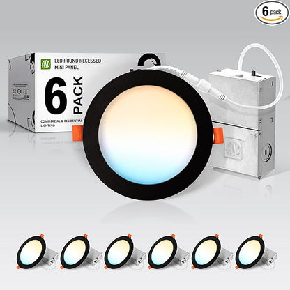 ASD 6 Pack LED Recessed Lighting 6 Inch 15W, 5 CCT 2700K-5000K CRI90+, IC Rated Ultra Thin Dimmable Ceiling Lights with J Box, Canless Wafer Downlight, Round Slim Panel Light, UL Energy Star, Black