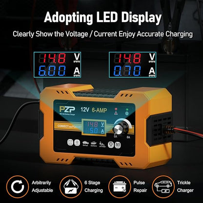 12V Automatic Car Battery Charger, 0-6A Arbitrarily Adjustable Smart Trickle Charger, Auto Desulfator with Battery Repair, Battery Maintainer with Winter Mode for AGM, Gel, Deep Cycle, Lead-Acid