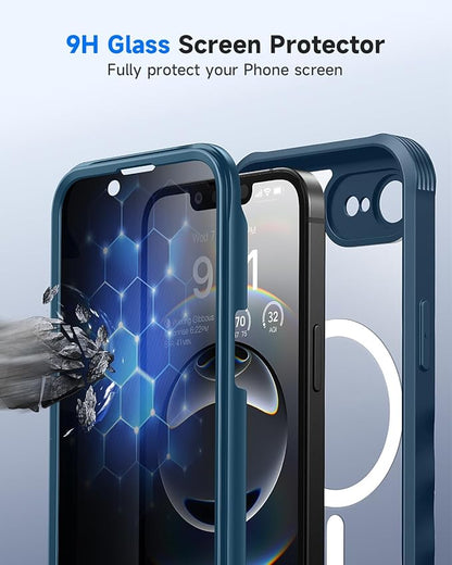 seacosmo for iPhone 16e Case, Full Body Bumper with Built-in 9H Tempered Glass Privacy Screen Protector and Camera Lens Protection, Compatible with MagSafe, Shockproof 16 e Phone Case, 6.1", Blue