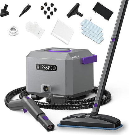awasky Canister Steam Cleaner: 50-Sec Heat-Up, 0.6 Gal Tank Refill Anytime (Non-Pressurized), 1650W, 60 PSI, 21-Pcs Kit, Dry/Wet Modes, Detachable Hose for Tile Grout Furniture Floor Car Cleaning Gray