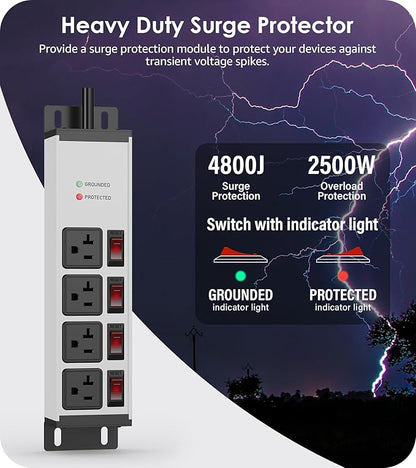 CCCEI Heavy Duty Surge Protector Power Strip 20 Amp Individual Switches. 20FT 12 Gauge Extension Cord with Multiple Outlets. Kitchen, Garage, Shop, Industrial Wall Mount Electric Extender, Grey.