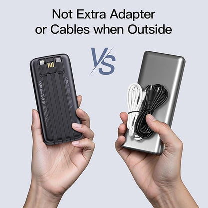 2025 Portable Charger with Built in Cables, 12800mAh Travel Essential Battery Pack, 4 Outputs 2 Inputs Slim Power Bank with Cord Wires Compatible with iPhone,Samsung,Android (2 Pack)