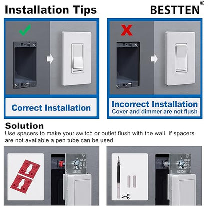 BESTTEN 10 Pack Dimmer Wall Light Switch, Compatible with Dimmable LED, CFL, Incandescent and Halogen Bulb, Single Pole or 3-Way Dimmer Switches, 120VAC, Decorator Wallplate Included, Gray
