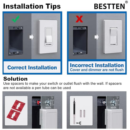 BESTTEN 10 Pack Almond Dimmer Light Switch, 3 Way or Single Pole Dimmer Switches, for Dimmable LED, Halogen and Incandescent Bulbs, 120V, Decorator Wall Plate Included, UL Listed
