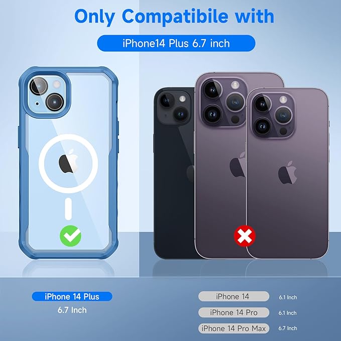 seacosmo for iPhone 14 Plus Case, Full Body Bumper with Built-in 9H Tempered Glass Privacy Screen and Camera Lens Protector, Compatible with MagSafe, Shockproof 14 Plus Phone Case, 6.7", Blue