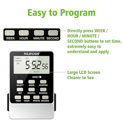 Outlet Timer, NEARPOW Dual Digital Light Timer with 2 Independently-controlled Outlets, 18 ON/OFF Programs, 24-Hour and 7-Day Programmable,Indoor Heavy Duty Electrical Timer Switch, 3 Prong, 15A/1800W