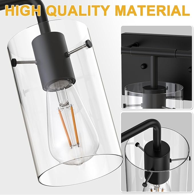L LOHAS LED 4-Light Bathroom Light Fixtures, 26.37" Black Bathroom Vanity Light with Straight Glass Shades, Modern Vanity Lights for Mirror Living Room Hallway, E26, ETL Listed