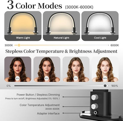 Half Moon Light for Nail Desk, Portable Nail Light for Desk with Phone Holder, Stepless Adjustment of Brightness and Color Temperature, Desk Lamp for Nail Tech, Eyelash, Tattoo, Makeup (Black)
