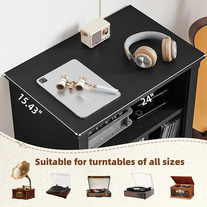 Joaxswe Record Player Stand with Vinyl Record Storage, 24" Wide Mid-Century Record Player Table Up to 200 Albums,Large Wood Turntable Stand Cabinet Dispaly Shelf for Living Room,Bedroom,Black