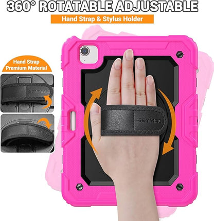 SEYMAC for iPad Air 5th/ 4th Generation Case 10.9 Inch, Full-Body Shockproof Protective Case with Screen Protector, Rotating Stand/Handle/Shoulder Strap for iPad Air 5/ Air 4, Black/Pink