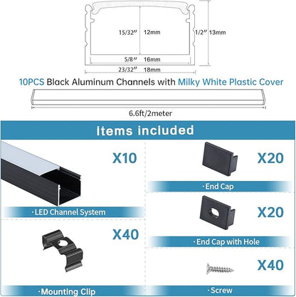 Muzata 10Pack 6.6FT/2M Plus-Size Spotless LED Channel Black LED Strip Diffuser Channel with Milky Frosted White Diffuser Cover U103 BW 2M