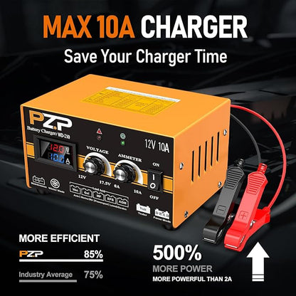 PZP 12V Manual Battery Charger Maintainer, 0 to 10A Arbitrarily Adjustable Car Battery Trickle Charger, Battery Desulfator with Repair, Winter Mode, Suitable for Lawn Mower, AGM, Deep Cycle Batteries