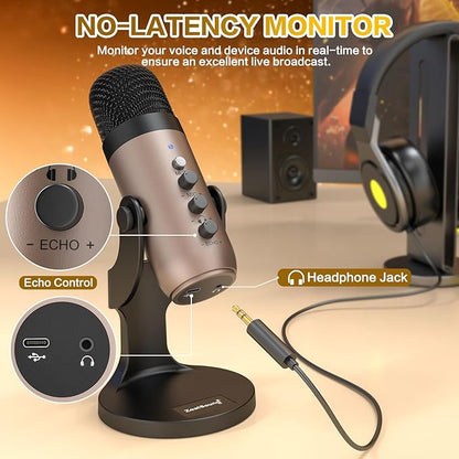 ZealSound USB Microphone,Condenser Computer PC Mic,Plug&Play Gaming Microphones for PS 4&5.Headphone Output&Volume Control,Mic Gain Control,Mute Button for Vocal,YouTube Podcast on Mac&Windows(Gold)