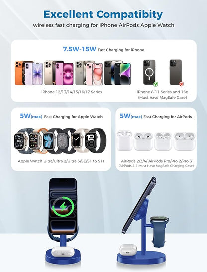 Hevanto 2026 3 in 1 Wireless Charging Station for Apple MagSafe Charger, 15W Fast Magnetic Mag-Safe Charger Stand for iPhone 17 16 15 14 13 12 Apple Watch AirPods with MagSafe Case, Blue