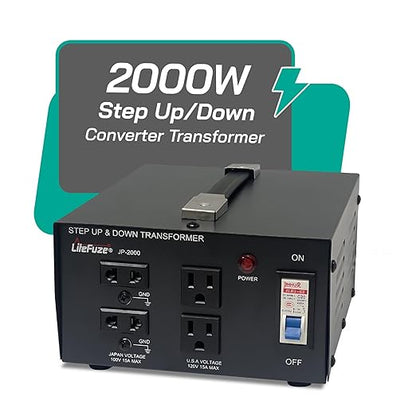 LiteFuze 2000 Watt Japan Voltage Converter Transformer Step Up/Down - 100v to 120v / 120v to 100v Japanese Power Converter - Fully Grounded Cord CE Certified