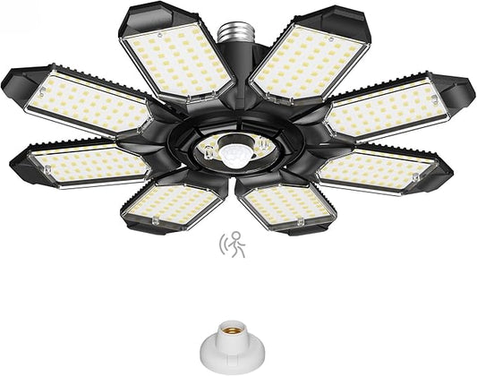Kryoza Motion Sensor Garage Light, 25000LM Motion Sensor Shop Light with 8+1 LED Panels, 6500K Daylight, Indoor Motion Activated Light Bulb for Garage, Workshop, Barn, Attic