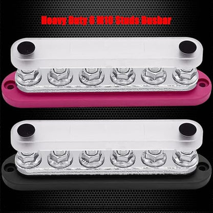 6 x M10 (3/8") Studs Power Distribution Block Bus Bar 12V, Ampper 7" HD 300A Marine BusBar Battery Distribution Block W/Cover for Car Boat Solar (Red & Black)
