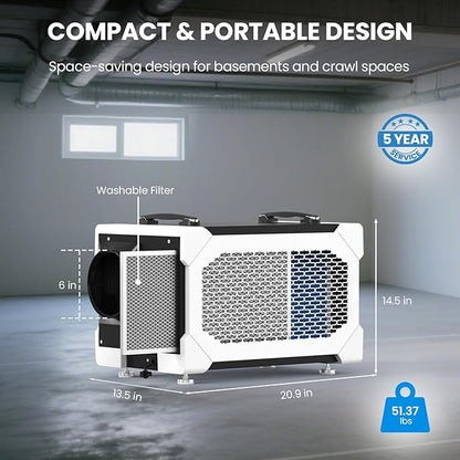 CADPXS Crawlspace Dehumidifier, 145 Pints Commercial-Grade Dehumidifier with Drain Hose for Crawl Spaces, Basements, Industrial and Water Damage Use, Large Capacity, Auto Defrost, Memory Restart, cETL