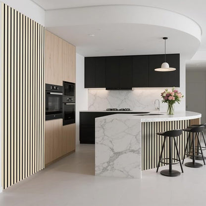 Art3d 1-Pack Acoustic Wood Slat Wall Panel with Roll-Flat Design - 95.3 x 23.8 Inch Sound Absorbing Panels for Living Room Columns Corridor Curved Wall Decor, Oak