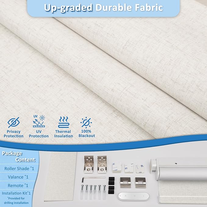 MANSNIX Smart Motorized Blinds with Remote, Cordless No-Drill Automatic Roller Shades, Blackout Electric Blind for Windows, Linen Stone, 29.5 x 72