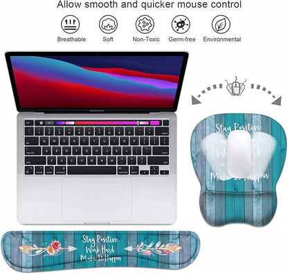 Mouse Pad Wrist Support and Keyboard Wrist Rest Set with Coasters, Stay Positive Work Hard and Make It Happen Inspirational Quote Non-Slip PU Base Ergonomic Mousepad for Home Office Working Studying