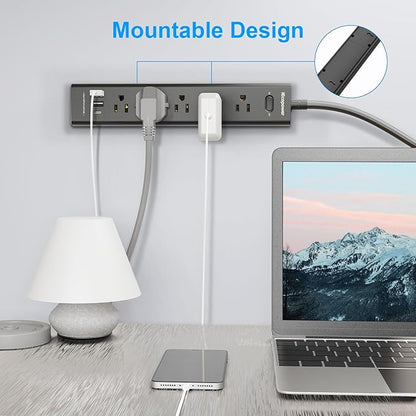 10FT Long Surge Protector Power Strip-with 5 Widely Outlets and 3 USB Ports(1 USB C Port),10 Foot Extension Cord(1250W/10A),Wall Mount for Home Office,700 J,Black(2 Pack)