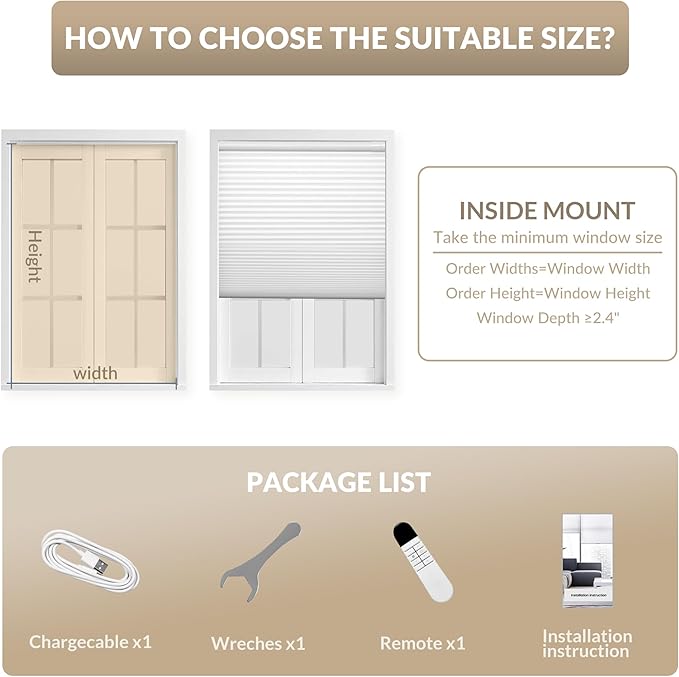 Boolegon No Drill Motorized Cellular Blinds with Remote Motorized Blackout Honeycomb Blinds for Indoor Windows Easy to Install Automatic Cellular Shades for Home,Blackout Light Gray,Custom Size