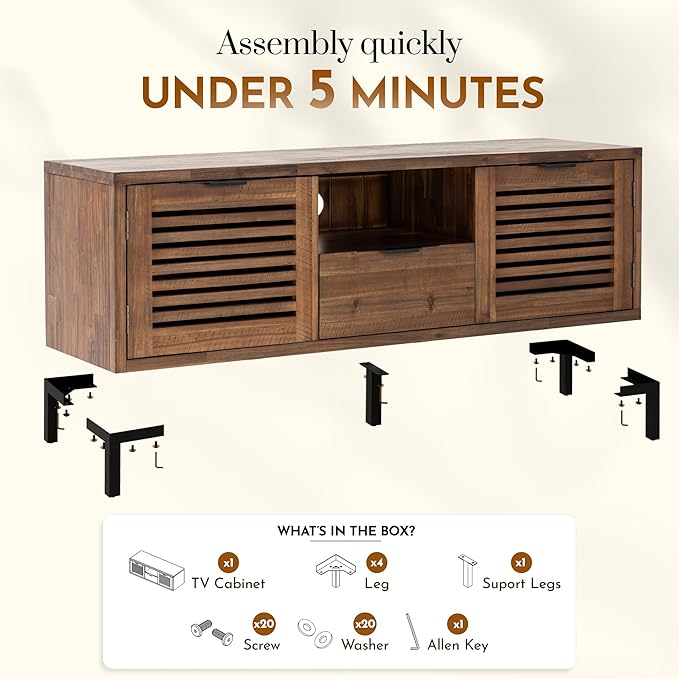 Bme Millie Solid Wood TV Stand for TVs up to 65 Inches, Modern Farmhouse TV Stand with Rustic Charm, TV Stands for Living Room, Chestnut